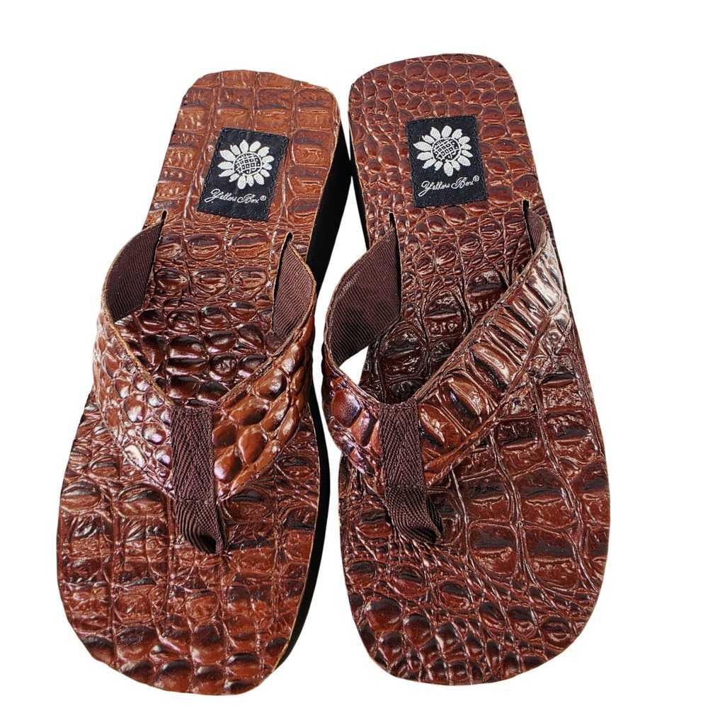 Yellow Box Toga Brown Croc Embossed Leather Platform Flip Flop Sandals Womens 7